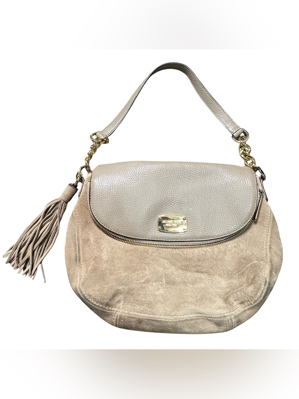 Michael Kors Beige Taupe Suede Tassel Shoulder Bag Gold Chain